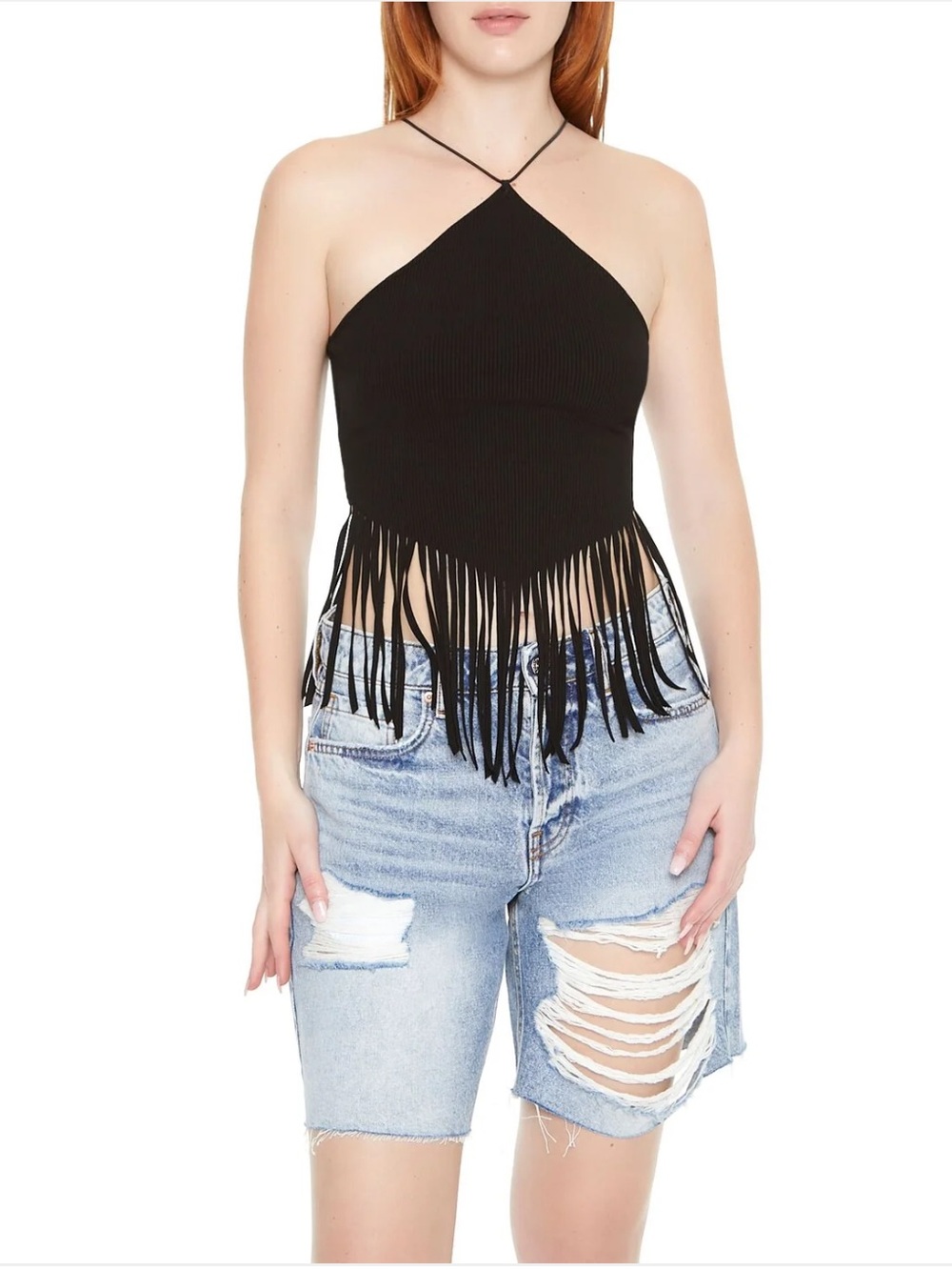 Forever 21 Black Fringe Halter Cropped Cami. Size Medium